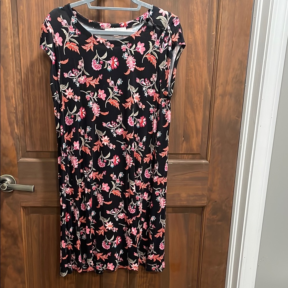 LOFT Black Dress with Pink Floral Design
